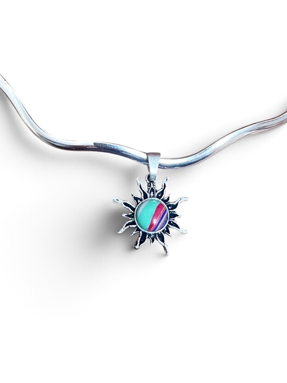 Rainbow Calsilica Sunburst Pendant Charm in Stainless Steel NWOT